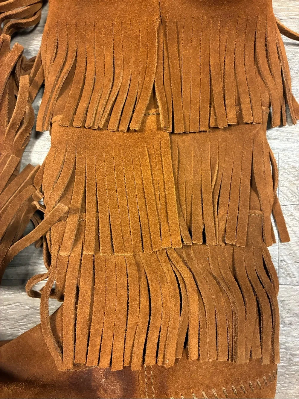 Minnetonka Three Fringe Suede Moccasin Pull On Western Boots Mid Calf